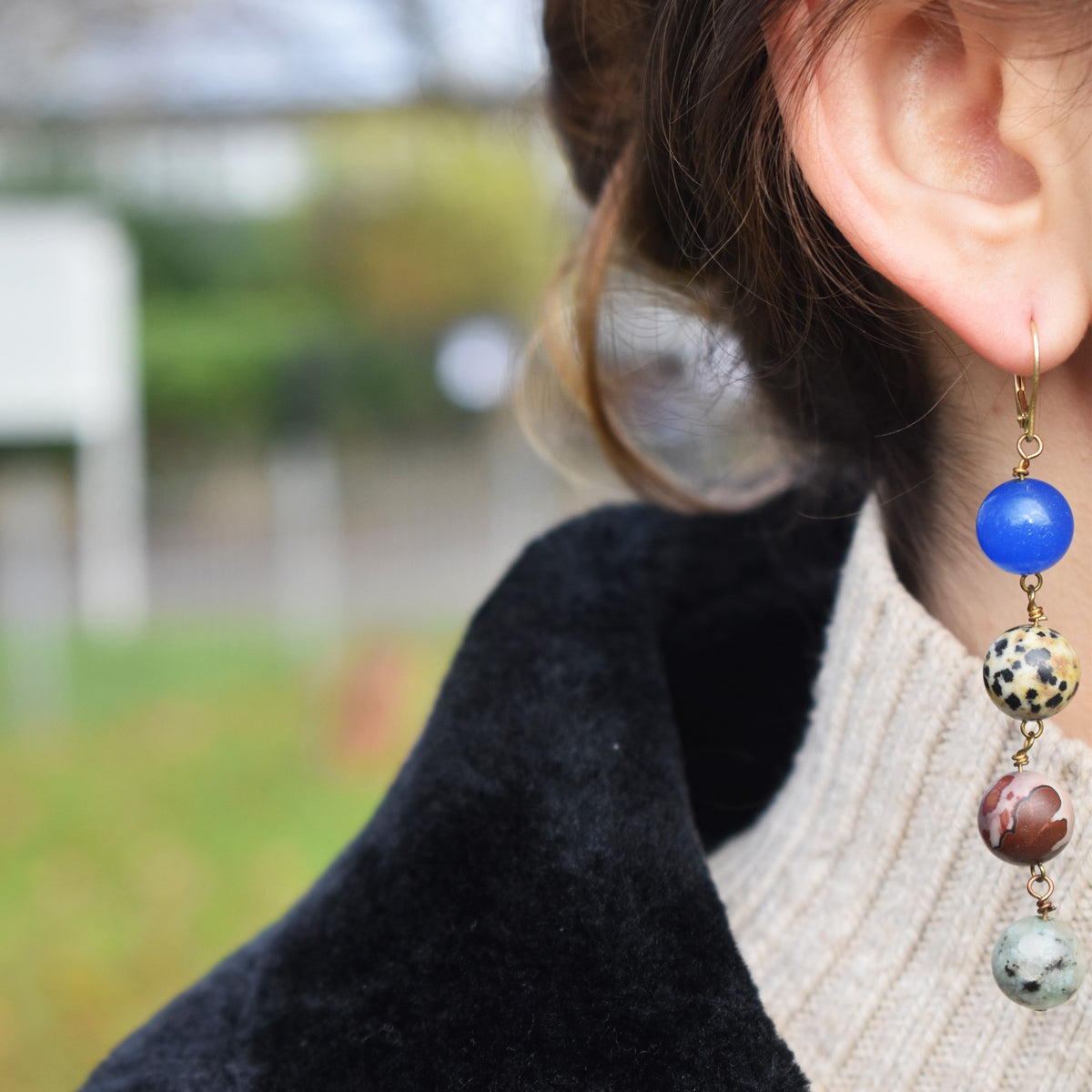 Blue Aventurine, Dalmatian Jasper, Mookaite and Sesame Jasper Yellow gold vermeil or 18k gold earrings | by nlanlaVictory