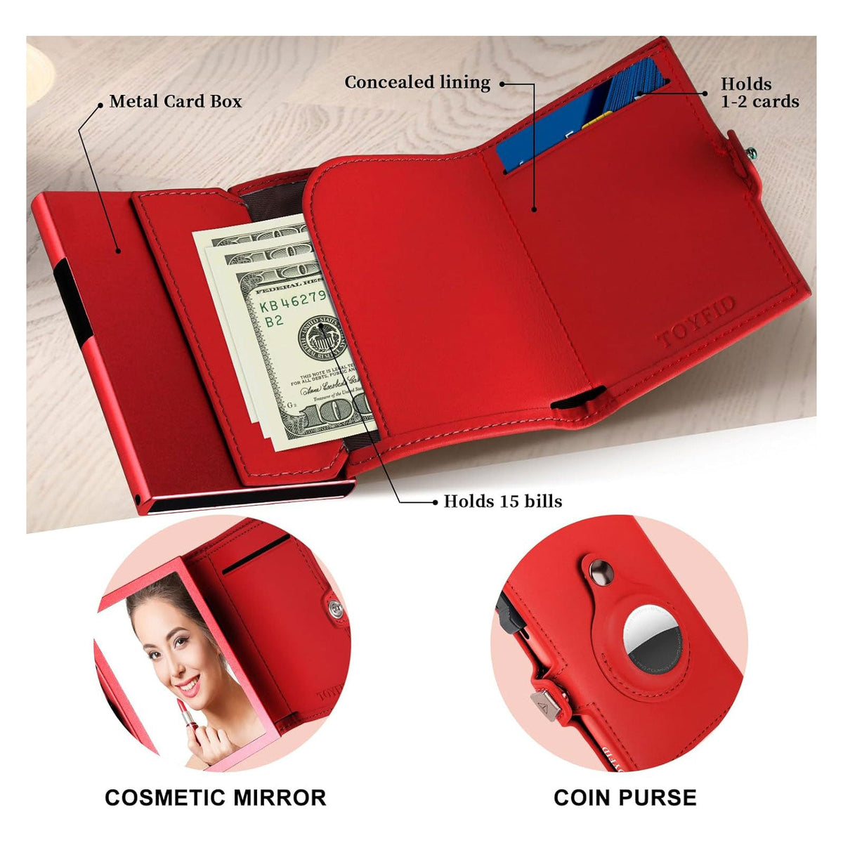 Women Wallet for Airtag, Small Pretty Wallet with Mirror for Women,Pop Up Wallet Compatible with Airtag, Tri-fold Genuine Leather Wallet Women with Mirror